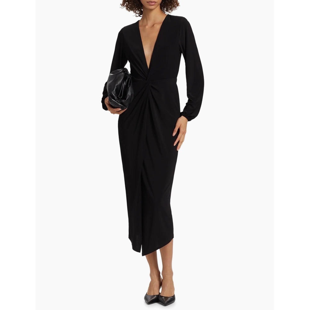 NWT Ramy Brook Sutton Twist Front Midi Dress Black‎ Long Sleeve Size Large $395